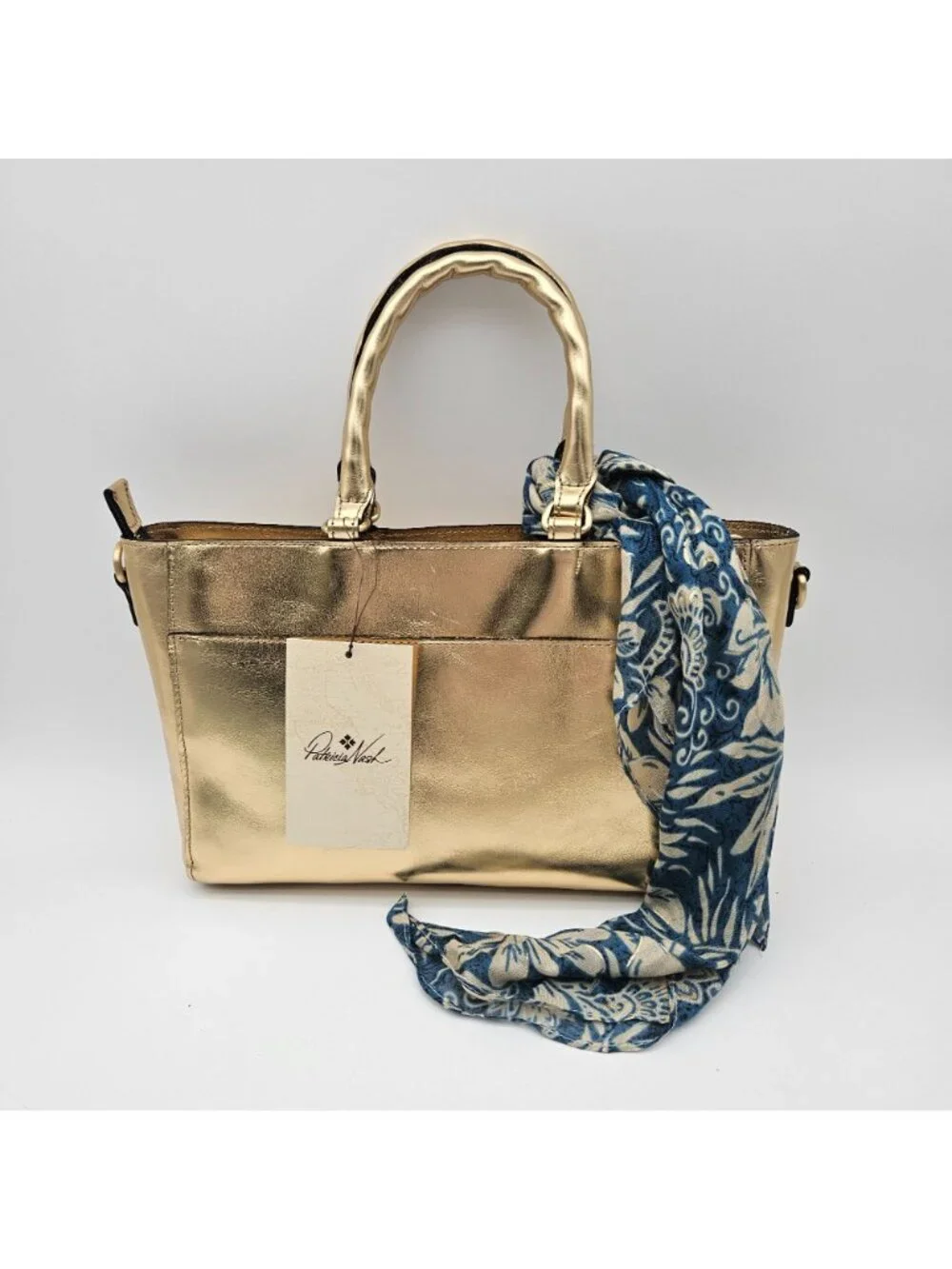 Patricia Nash Tote Shoulder Metallic Leather Handbag Aileen Greek Gold Scarf NWT